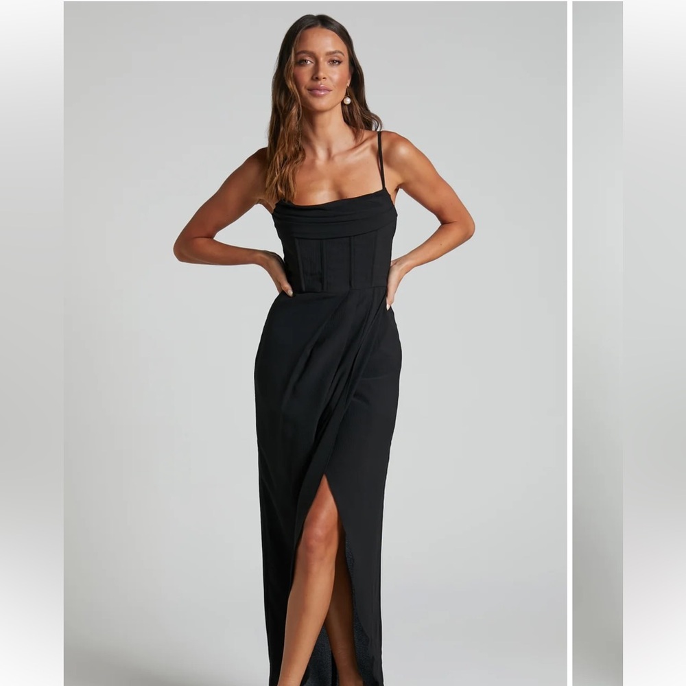Showpo Andrina black midi dress high low wrap corset dress size 4 New